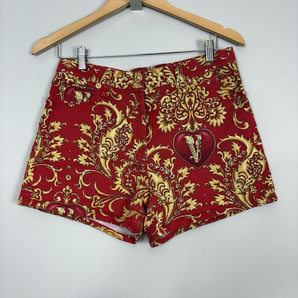 VERSACE Red Gold Denim Barocco Printed Logo Medusa Short Sz 28